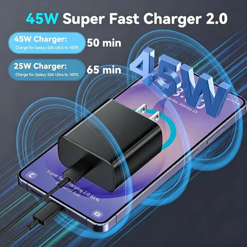 Vista 2 de Cargador súper rápido USB C de 45 W para teléfono Android tipo C, bloque de carga rápida con cable de 5 pies para Samsung Galaxy S26/S26