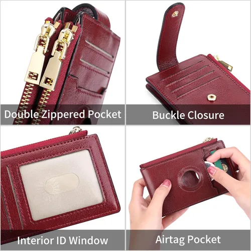Vista 4 de FALAN MULE Billetera para AirTag para mujer con funda integrada para AirTag, AE-Borgoña, Billetera plegable con Airtag