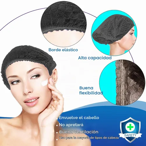 Vista 3 de Gorras desechables Bouffant, 100 unidades, 21 pulgadas, red de pelo elástico para servicio de alimentos, cubierta de cabeza para dormir (negro)
