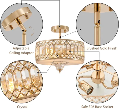 Vista 6 de Gold Crystal Ceiling Light Fixture for Hallway Foyer Bedroom Kitchen Island, 13" Modern Drum Round Close to Ceiling Light Fixture, 3-Light, Brushed