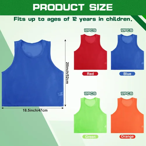 Vista 3 de 48 piezas de camisetas deportivas juveniles de fútbol para practicar baloncesto, 4 colores, 4 equipos para entrenamiento de equipo de fútbol
