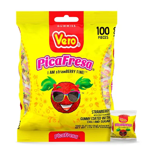 Vista 2 de VERO PicaFresa - Caja de dulces masticables de fresa y chile con 7 bolsas de 30
