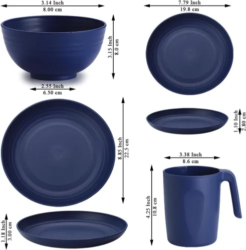 Vista 2 de Berglander Juego de vajilla de plástico de 24 piezas para 6, juego de platos y cuencos reutilizables color azul EUR, incluye platos llanos, platos