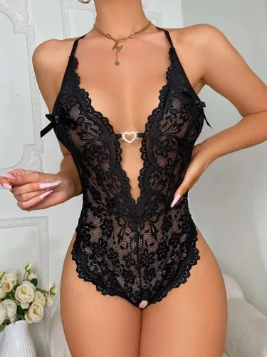 Vista 6 de Lencería de peluche para mujer, body de encaje Backlees, conjunto de lencería con medias