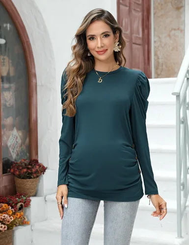 Vista 3 de Camisas de maternidad para mujer, cuello cuadrado, manga larga abombada, linda, casual, blusas, ropa de otoño