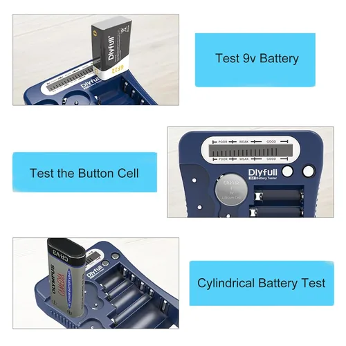 Vista 4 de Comprobador de batería, Dlyfull con pantalla LCD, comprobador de batería universal para pilas AA, AAA, C, D, 9V, CR2032, CR123A, CR2, CRV3, 2CR5