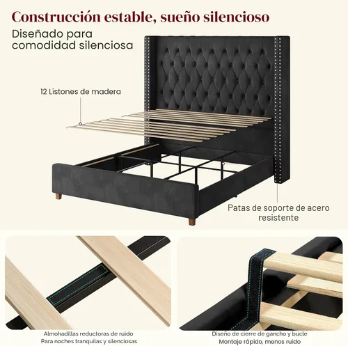 Vista 6 de PaPaJet Base de cama Queen de 61.4 pulgadas de alto, cabecera tapizada