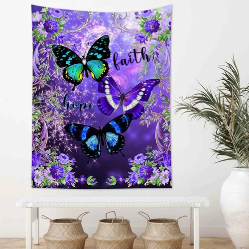 Vista 2 de LB Tapiz pequeño de mariposa colorido para colgar en la pared, diseño psicodélico de flores silvestres 3D, mariposas de fantasía floral, arte