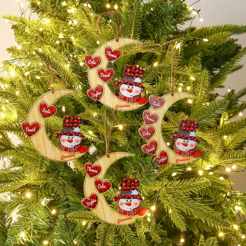 Vista 13 de Adornos de Navidad personalizados, adornos para árbol de Navidad, familia de 2 a 7 nombres, muñeco de nieve, ciervo, decoración de Navidad