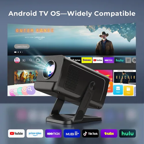 Vista 2 de Mini proyector para dormitorio con WiFi y Bluetooth bidireccional 1080P 4K soporte inteligente Android TV OS Aplicaciones integradas Keystone