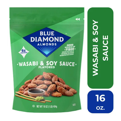 Vista 3 de Blue Diamond Almendras saborizadas con wasabi y salsa de soja, bolsa resellable de 16 onzas, paquete de 1