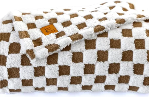 Vista 5 de Manta de lana de camello y blanco con diseño 3D a cuadros, ultra suave y peluda, de felpa para un confort acogedor. Hermoso regalo para mujeres