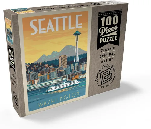 Vista 2 de MyPuzzle Seattle, WA: Ferry, póster vintage, rompecabezas de 100 piezas para adultos