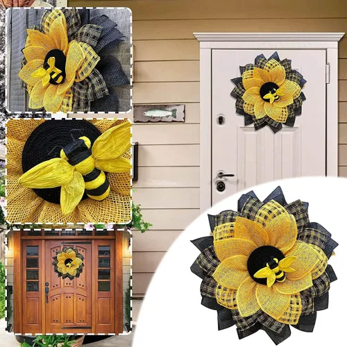 Vista 3 de Ujicde Corona de abeja de verano para puerta delantera, girasol artificial para colgar en la pared, coronas decorativas para puerta delantera
