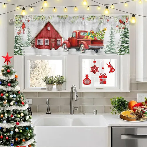 Vista 2 de Paquete de 2 cenefas cardenales rojas para dormitorio, sala de estar, diseño de camión rojo con texto en inglés "Merry Christmas", cortinas romanas