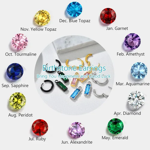 Vista 3 de Preciosos aretes colgantes de circonita cúbica para mujer, de enero a diciembre, aretes de acero inoxidable plateados, dorados, negros