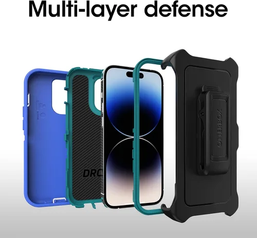 Vista 5 de OtterBox Funda para iPhone 14 Pro (solamente) de la serie Defender - RAIN Check (azul), resistente y duradera, con protección de puerto, incluye