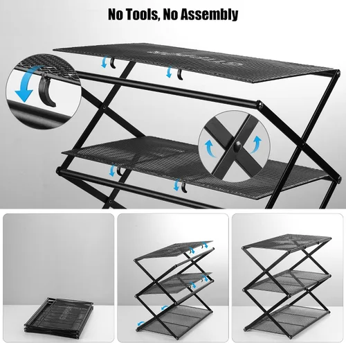 Vista 4 de Zapatero pequeño para entrada, organizador de zapatos de 3 niveles, estante de almacenamiento de zapatos plegable de metal, instalación cero
