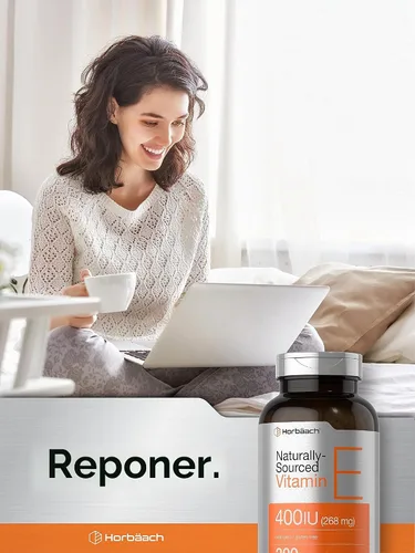 Vista 6 de Horbäach Suplemento de vitamina E 400 UI (268 mg) 300 cápsulas de cápsula blanda D-Alpha Tocoferol Fórmula sin OMG y sin gluten