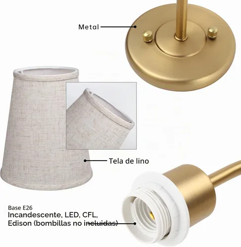 Vista 5 de Apliques de pared de 2 luces con embudo de tela de lino, lámparas de pared de doble luz para dormitorio, sala de estar, tocador, baño, pasillo Latón