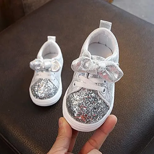 Vista 2 de Crystal Sport - Tenis deportivos con lentejuelas para niños y niñas, con lazo, brillantes zapatos para bebés y niñas (plateado-B, 18-24 meses)