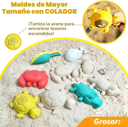 Vista 4 de Juguetes de playa plegables para niños y bebés, juego de cubos de arena y palas plegables con bolsas de malla y moldes de arena, juguetes de arena
