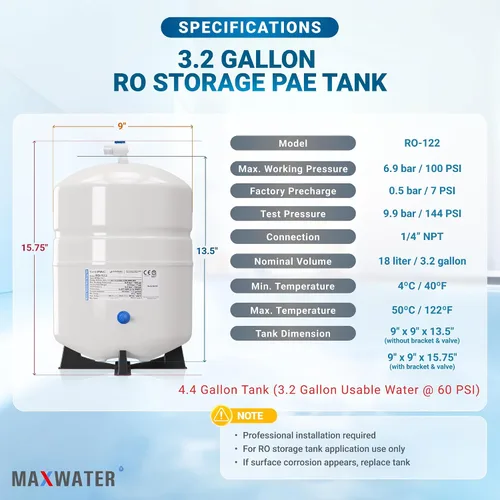 Vista 2 de Max Water Certificado NSF Tanque de almacenamiento de agua de ósmosis inversa de servicio pesado de 4,4 galones @100 PSI RO (ósmosis inversa), PA-E