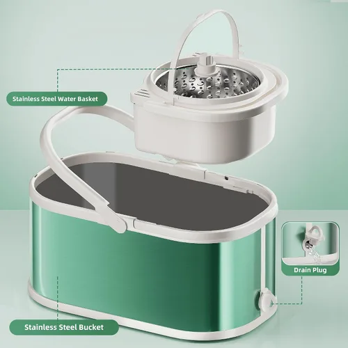 Vista 4 de Trapeador giratorio y cubo con escurridor para el hogar, trapeador de 360° y cubo con agua limpia y sucia separada, mopa de polvo húmedo