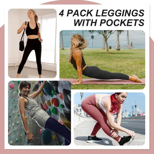 Vista 4 de NexiEpoch Paquete de 4 leggings para mujer con bolsillos, cintura alta, control de abdomen para entrenamiento, correr, pantalones capri de yoga