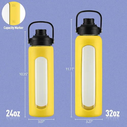 Vista 37 de Botella de agua Kodrine con pajita, botella de vidrio de 24 oz con 2 tapas, una de pajita de bambú y otra con pico y asa, botella de vidrio