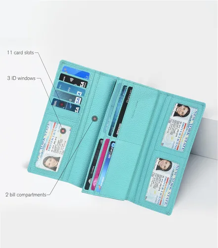 Vista 2 de Carteras de piel con bloqueo RFID, para cheques, con 11 ranuras para tarjetas, para mujer, cartera Rfid