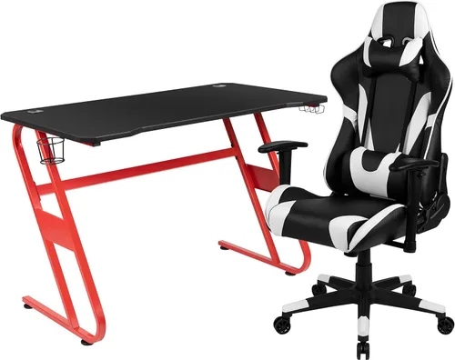 Vista 24 de Flash Furniture Juego de escritorio para juegos negro y silla de carreras blanco/negro con soporte para tazas, gancho para auriculares y soporte