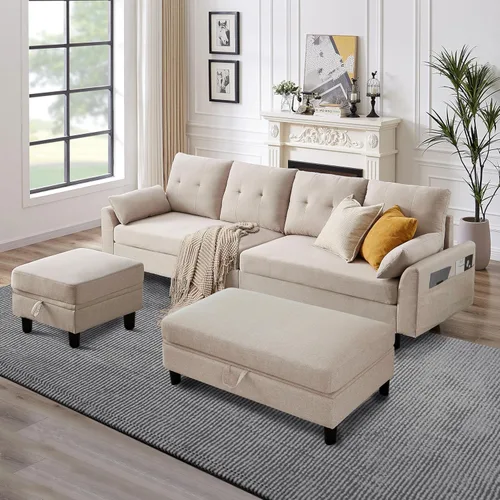 Vista 3 de Sofá en forma de L de 102 pulgadas, sofá con mesa auxiliar otomana, sofá moderno de 4 asientos con funda extraíble para apartamento y sala de estar