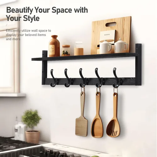 Vista 4 de Tatub Perchero de pared de 29 pulgadas con estante, ganchos de pared de madera con almacenamiento, estante de entrada con 5 perchas para baño, sala