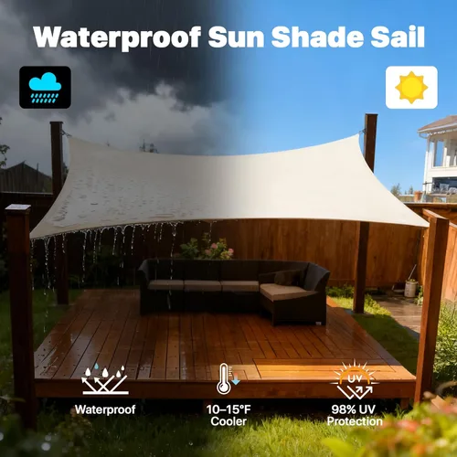 Vista 2 de Amgo Toldo impermeable triangular marrón de 4 x 4 x 4 pies para hacer toldo UPF50+, 98% de bloqueo UV, resistente al agua, patio, jardín y patio