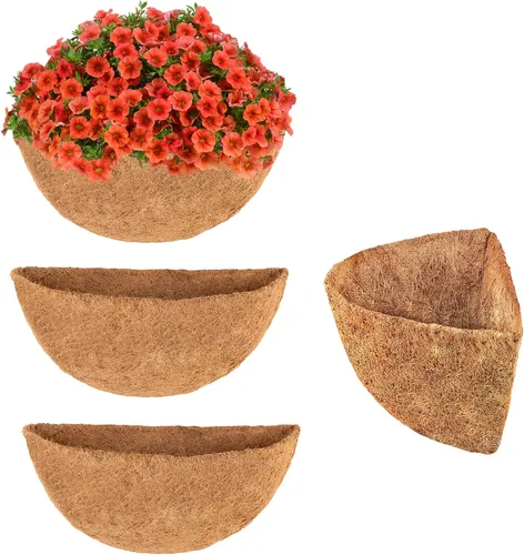 Vista 8 de Y&M Forros de fibra de coco semicirculares preformados de 16 pulgadas, 2 forros de coco natural para cestas colgantes, jardineras, montadas