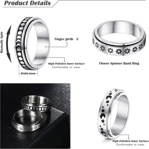 Vista 2 de Jstyle Juego de 4 anillos giratorios de acero inoxidable para mujeres y hombres, anillos giratorios con flores, luna, estrella, anillos geniales