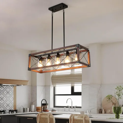 Vista 7 de Lámparas colgantes rústicas de casa de campo, candelabros para comedor y cocina, accesorios de luz de isla de 5 luces, candelabro de madera sobre