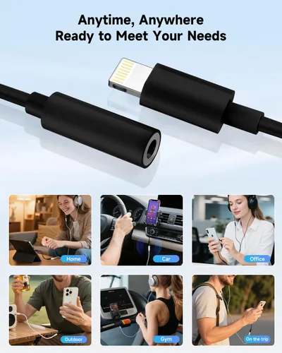 Vista 6 de Paquete de 1 adaptador Lightning a conector de auriculares de 0.138 in con certificación MFi de Apple para iPhone, adaptador auxiliar para iPhone