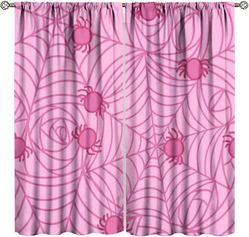 Vista 31 de Cortinas opacas de tela de araña aterradora para niños, tela de araña en blanco y negro, fondo rojo, dormitorio de niños, guardería, decoración