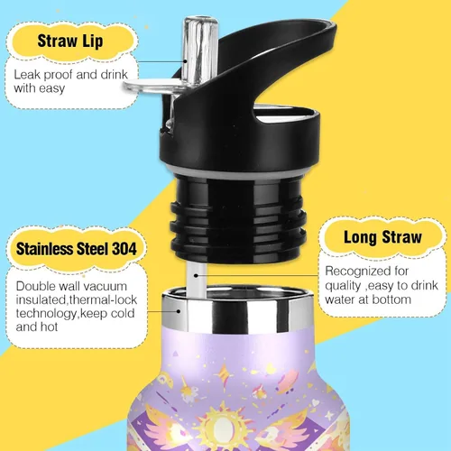 Vista 3 de Butterfly Purple Golden Leakproof and BPA Free Kids' Metal Water Bottle with Straw Double-Wall Vacuum Insulation for School Boys Girls