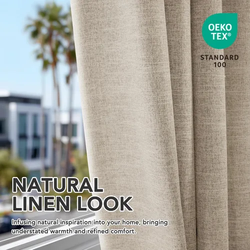 Vista 8 de Deconovo Cortinas de lino sintético 100% opacas con pestañas ocultas y cinta plisada, alzapaños incluidos, cortinas con aislamiento térmico