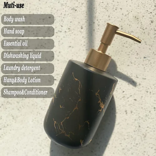 Vista 2 de Dispensador de jabón de cerámica de mármol negro con bomba dorada para baño y cocina, dispensador de platos recargable, dispensador de jabón líquido