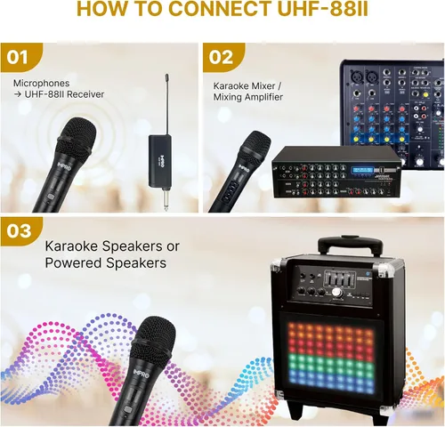 Vista 6 de ImPro UHF-88II Micrófonos inalámbricos UHF profesionales (negro) con potenciador vocal (triple, bajo, eco, control de volumen)