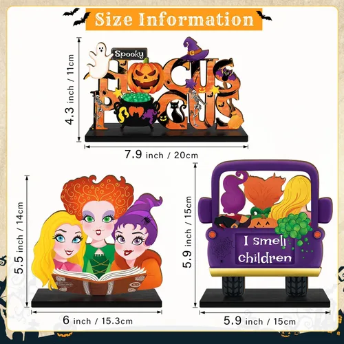 Vista 2 de 3 piezas de decoración de mesa de Halloween de Hocus Pocus, hermanas de bruja de Halloween, centro de mesa de madera para mesa de camión I Smell