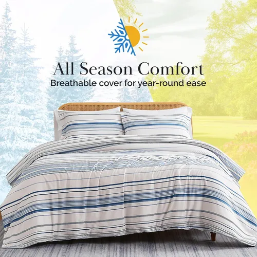 Vista 8 de Southshore Fine Living, Inc. Juego de edredón costero individual XL, edredón de plumón alternativo a rayas azules, tamaño individual XL con funda