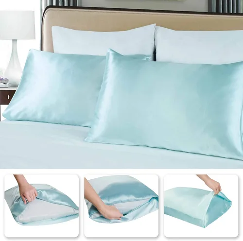 Vista 6 de Tyfitb Juego de 2 fundas de almohada de satén para cabello y piel, color azul bebé, fundas de almohada de enfriamiento tamaño estándar
