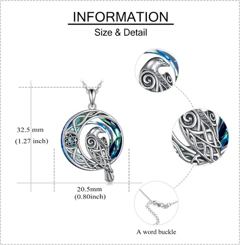 Vista 5 de ONEFINITY Collar de cuervo de cristal de plata de ley vikingo celta cuervo colgante de cuervo de luna creciente amuleto de pentagrama joyería