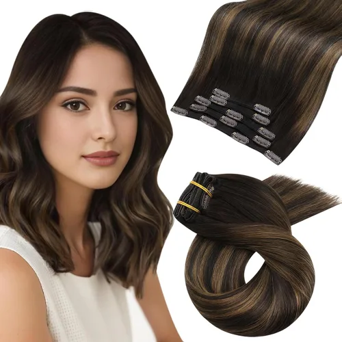 Vista 13 de Moresoo Extensiones de cabello humano con clip, balayage, color marrón oscuro a marrón dorado con clip, extensiones de cabello humano con clip, 5