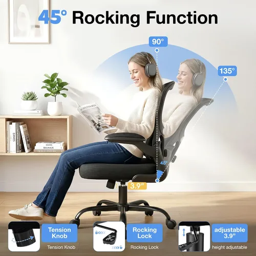 Vista 9 de ALLGOD Silla de oficina ergonómica, silla de escritorio ergonómica de malla transpirable con soporte lumbar ajustable, reposabrazos abatibles